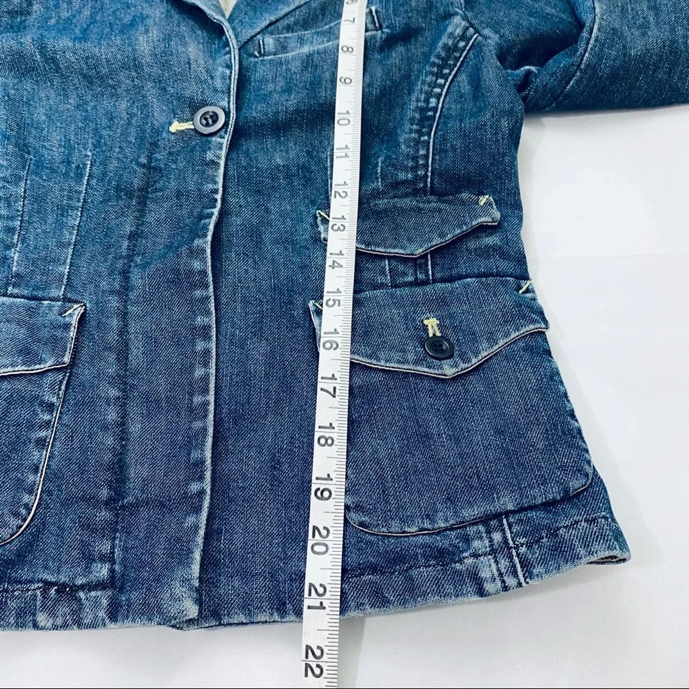 Louie Women Blue Denim Utility Blazer Jacket Size 4 Single Button‎ Flap Pockets